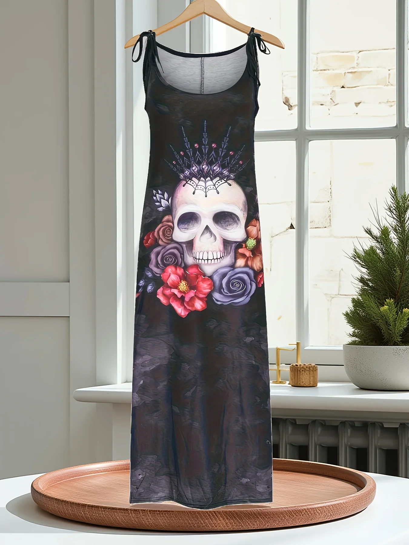 Vestido largo con lazo y cuello en V y estampado de calavera de talla grande para mujer, fabricado en poliéster, adecuado para fiestas, festivales, discotecas, etc.