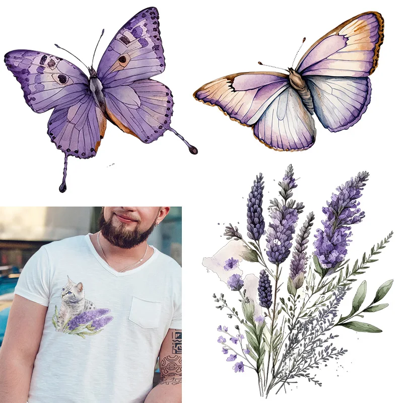 lavender cat Flower Butterfly DTFHeat Transfer iron on transfer for clothing Iron On Patches Thermal for Clothing.