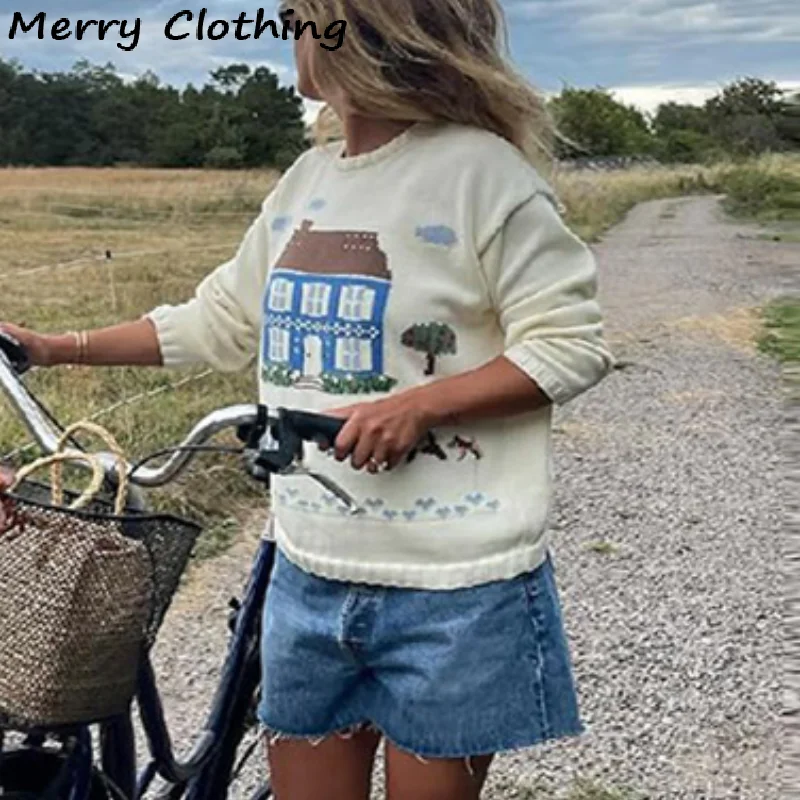 

Cute Dog Printted Women's Sweater Round Neck Full Sleeve Knitted Pullover 2025 Autumn Winter Lady Casual Funny Knitwear Top