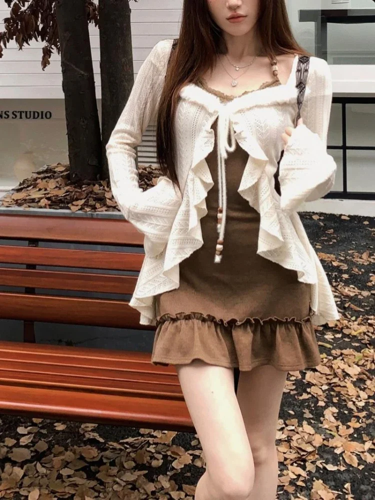 

American Retro Slim Fit Camisole Dress for Women+ Ruffles Long Sleeve Knitted Cardigan 2025 Autumn New Two Piece Sets