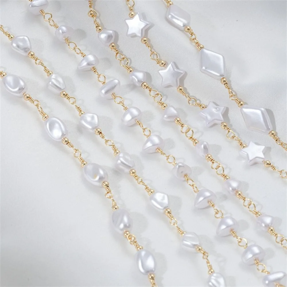 

14K Gold Color Special-shaped Peach Heart Pentagram Rhombus Imitation Pearl Chain DIY Bracelet Jewelry Handmade Loose Chain