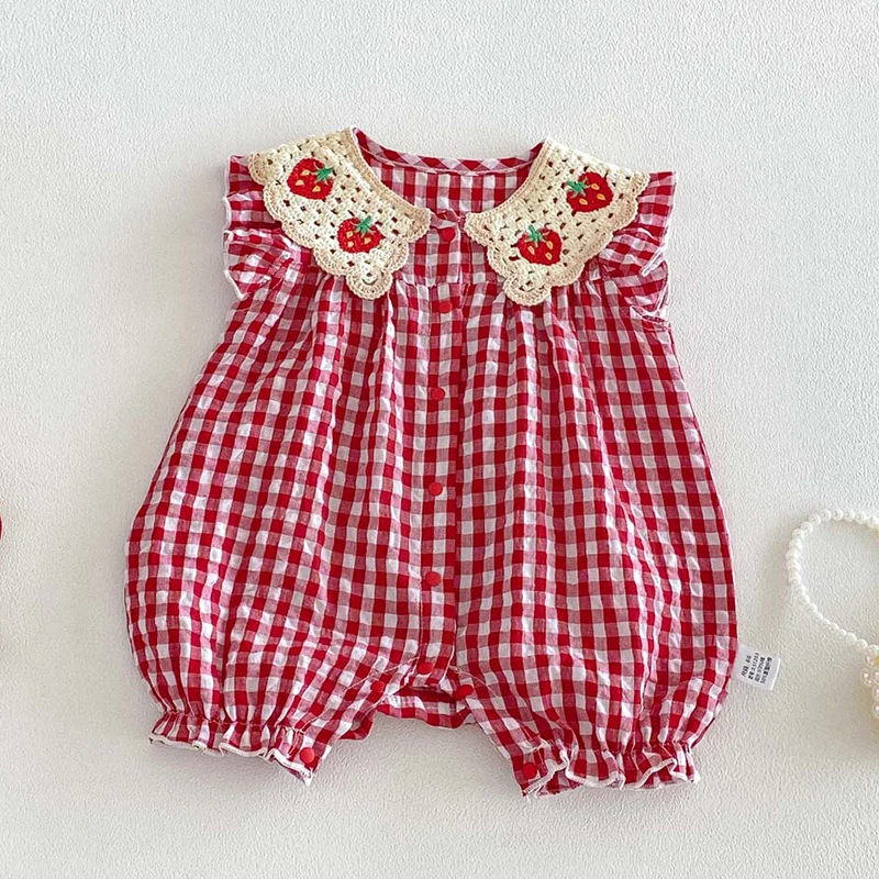 2026 New Summer 0-24M Children Clothes Newborn Baby Girl Romper Sleeveless cotton grid splicing Toddler Baby Girls Jumpsuit