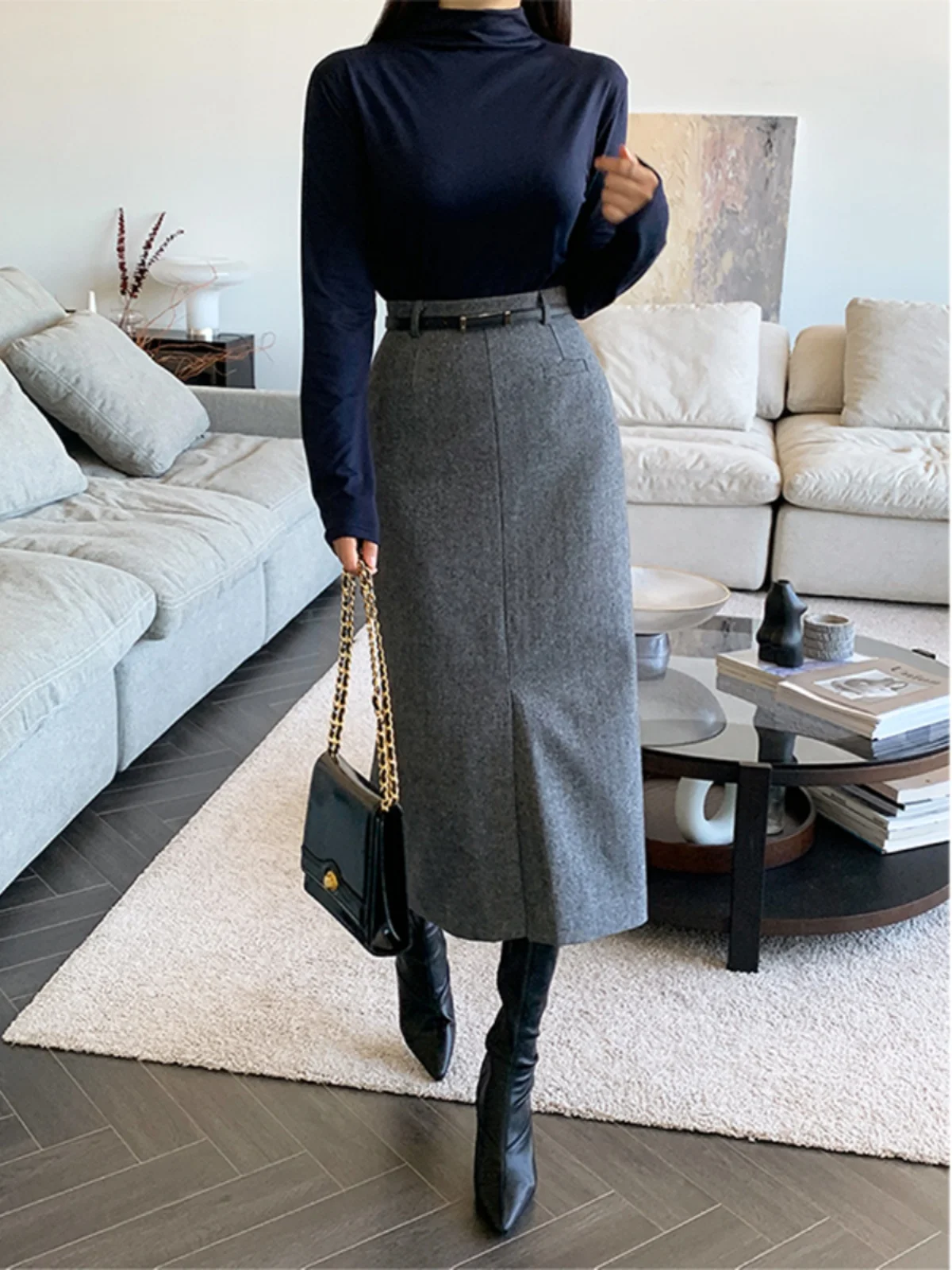 

Новая женская шерстяная юбка с высокой талией, утепленная, осенне-зимняя, повседневная, деловая, средней длины, с запахом