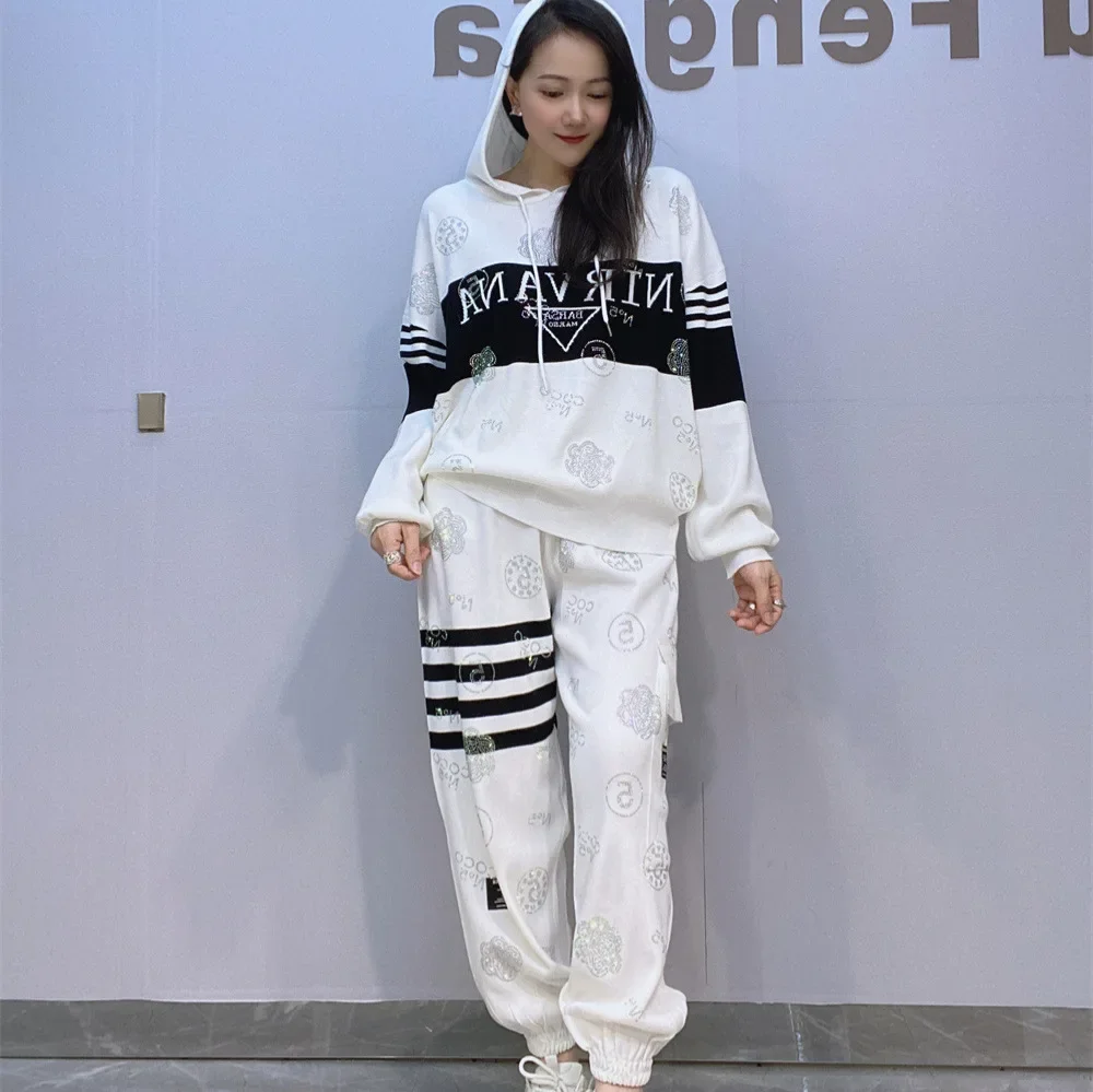 Black and White Colorblock Women Knitted Sets Hot Drilling Hooded Sweater Top + Elastic Waist Casual Sports Pants Knitting Suits