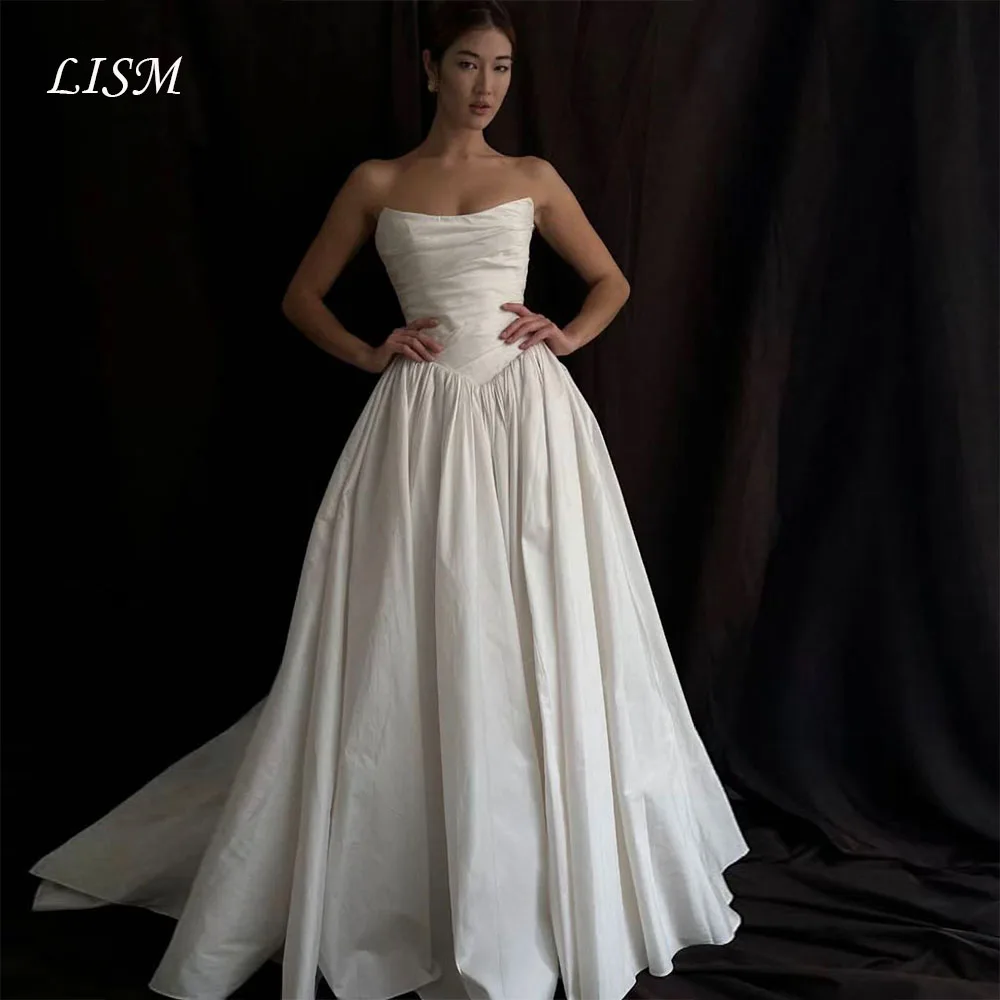 Lism Customized Modern Wedding Dress Strapless with Scarf Pleated Ivory Satin Train A-Line Bridal Gown Vestido De Novia 2026