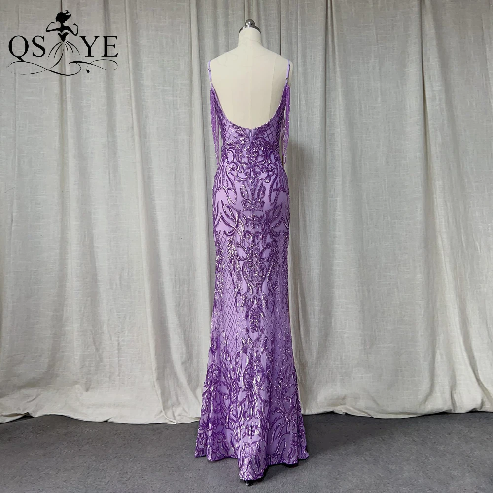 Robe de Soirée Violet en Dentelle à Paillettes et Manches Latérales, Tenue de Bal, Lavande, Bretelles Spaghetti, Dos Bas