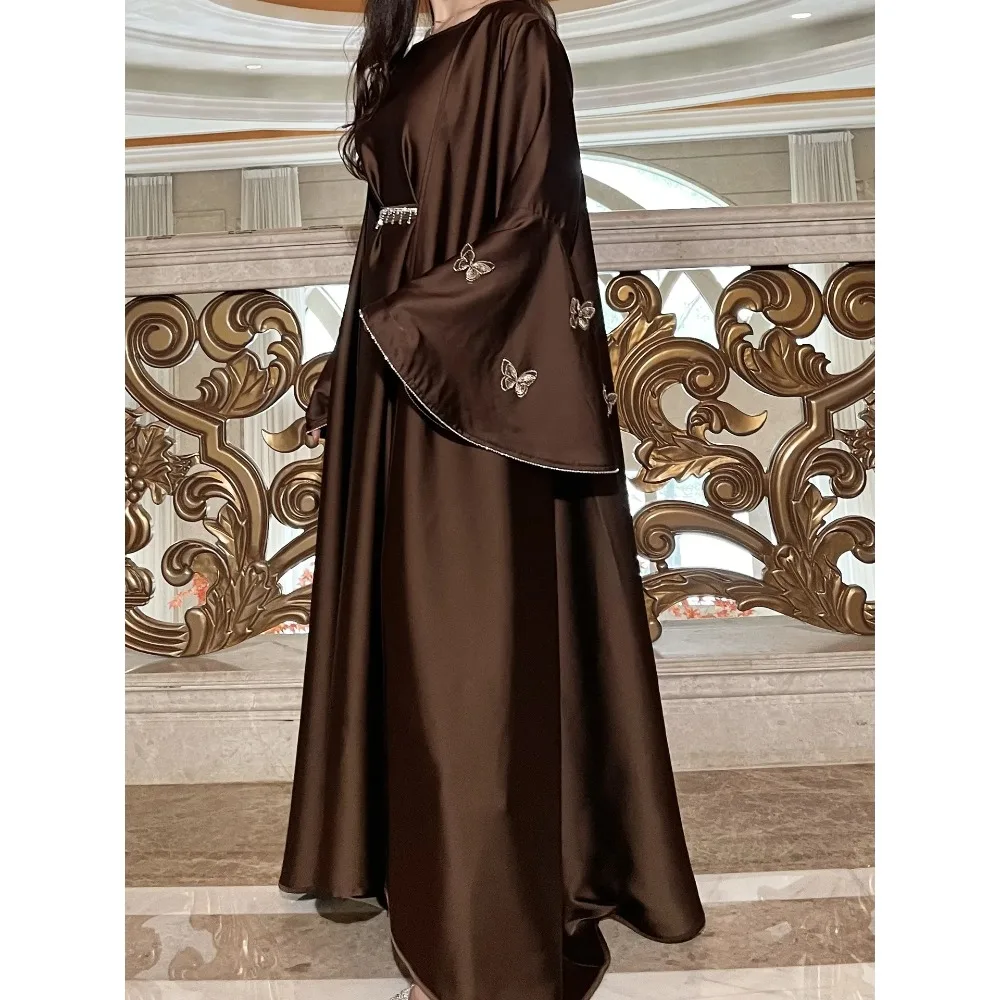 

Two Piece Muslim Women Set Abaya Butterfly Satin Cardigan Ramadan Morocco Sashes Dubai Arabic Caftan Outfits Casual Ensemble
