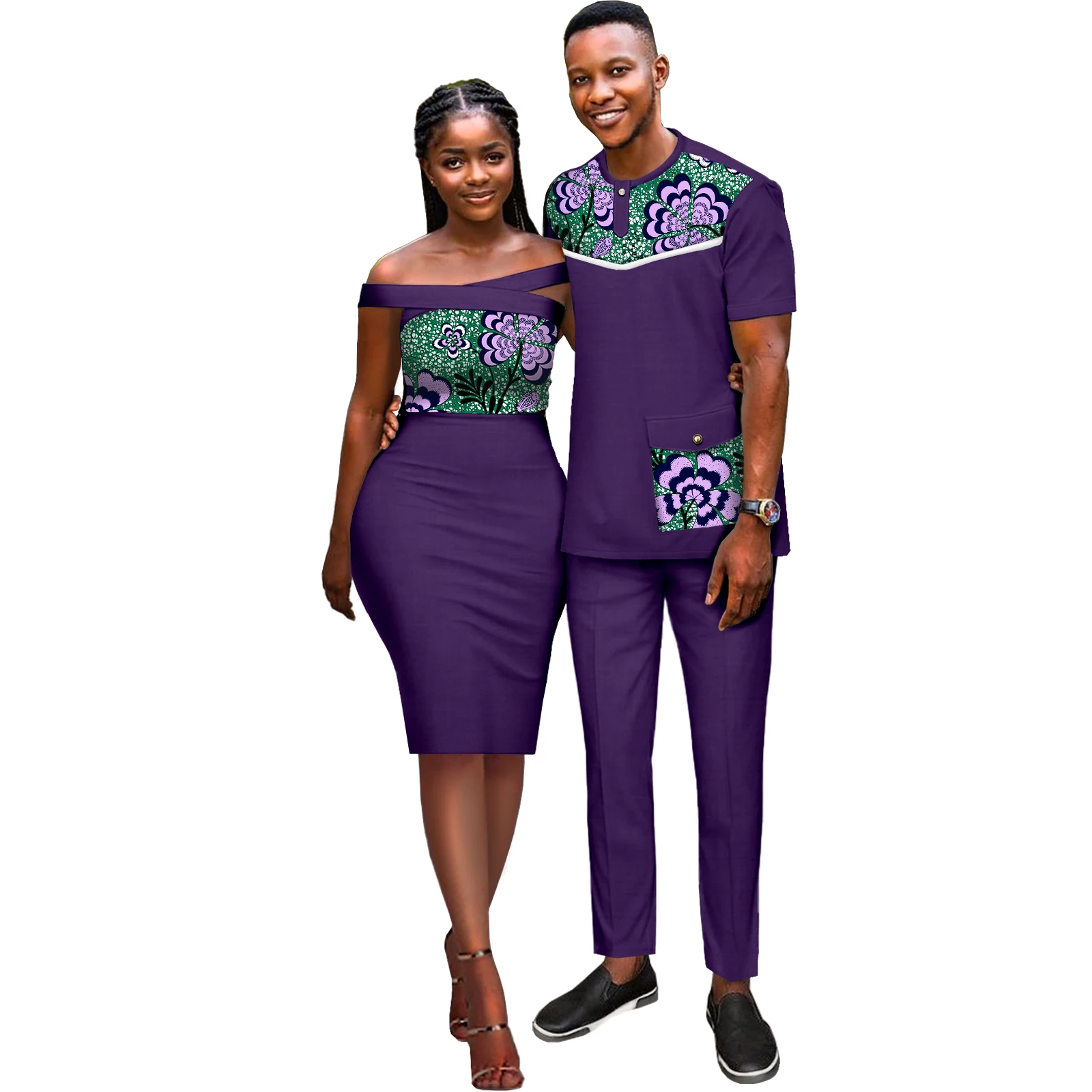 African Couples Women Print Wax Cotton Fashion Patchwork Hot Dress& Men 2 Pieces Shirt and Pants Sets