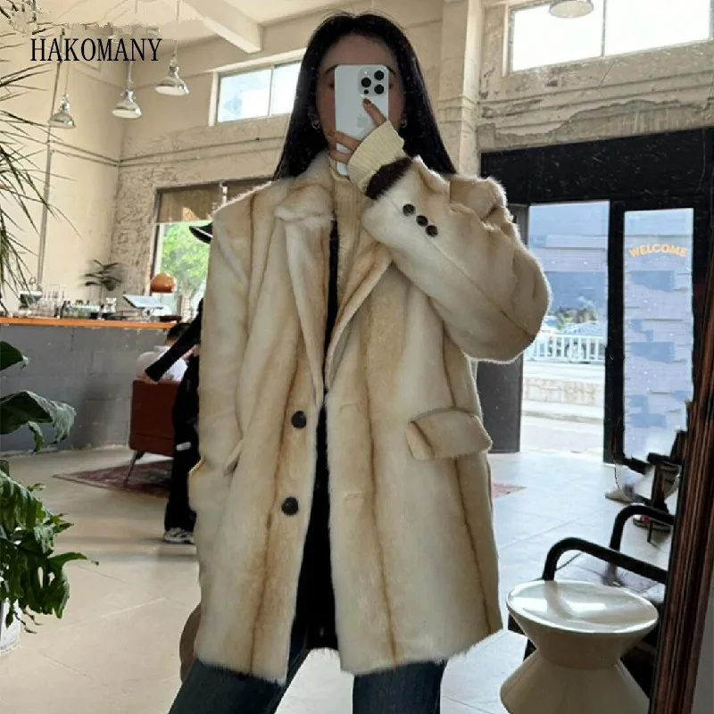 

Women Midi Long Outerwear Winter Lapel Gradient Stripe Hairy Shaggy Mink Faux Fur Blazer Oversized Coat Warm Furry Jacket