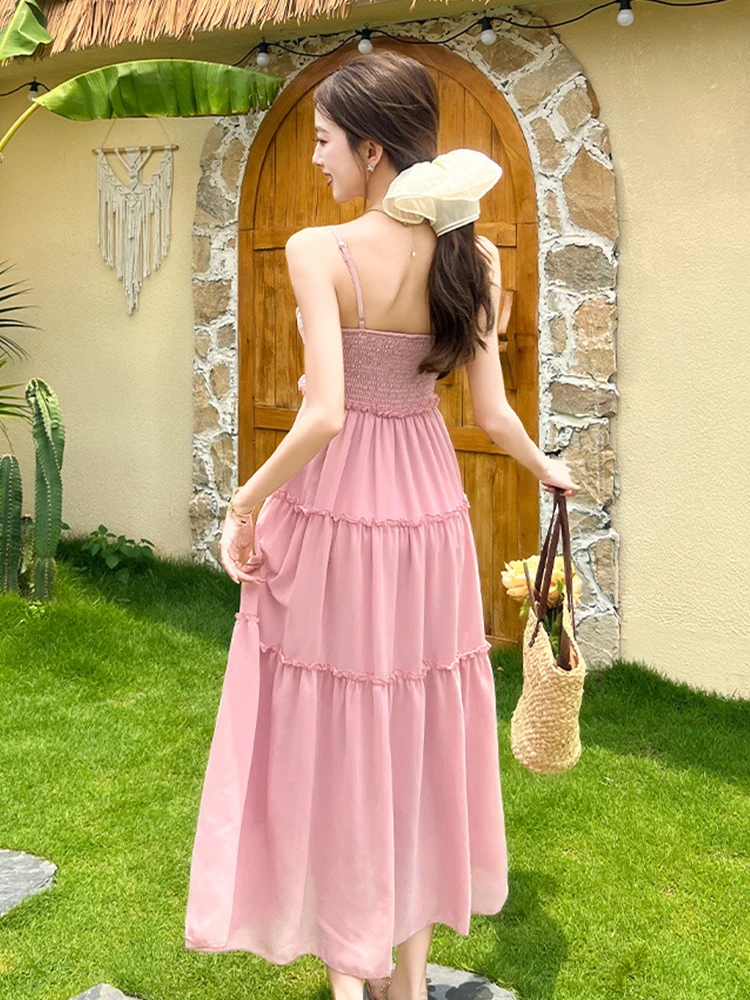 Mulheres roupas de férias chiffon sólido doce sexy cinta magro a linha vestido longo elegante moda festa aniversário vestidos robe verão