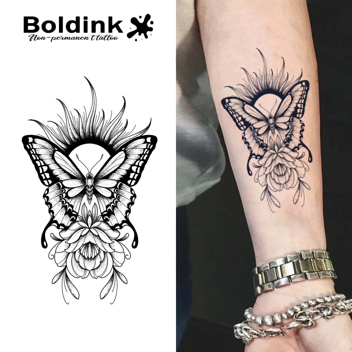 

Boldink's non-permanent tattoo technology is inspired by colorful butterflies. Holiday party tattoos last for 1-2 weeks.