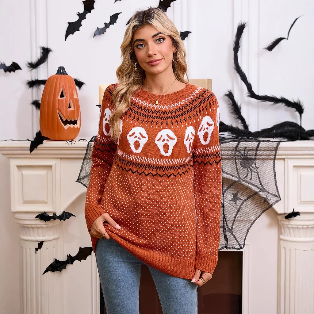 

Женский свободный крой на Хэллоуин, уникальный жаккардовый свитер с круглым вырезом с черепом, длинный трикотаж Sve, модный моторошный сезон...