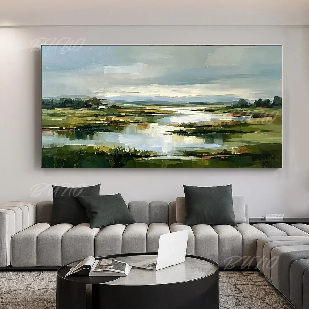 Hand Painted Landscape Oil Painting Canvas Wall Art Green Wetland River Textured Home Decor for Living Room Bedroom
