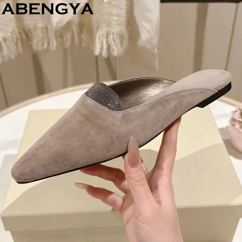 

Summer Flat Slippers Woman Suede Leather Mules Shoes Woman String Bead Chain Outdoor Slides Comfort Half Slippers Women