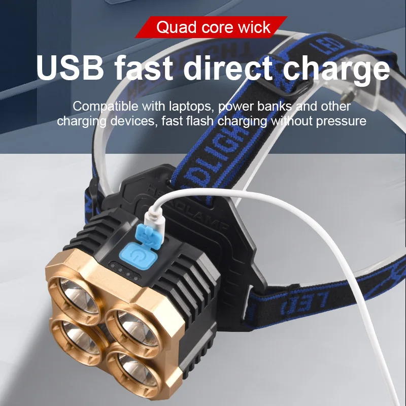 Super bright 4Led Headlamp USB Rechargeable Headlight Long-range Head Torch Red Light Outdoor Riding Flashlight Built-in battery