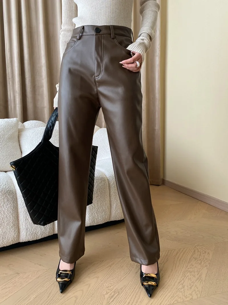 Herbst Winter Mode Streetwear Pu Lederhose Frauen High Wait Straight Wide Leg Hose elegante All-Match modern Pantalones