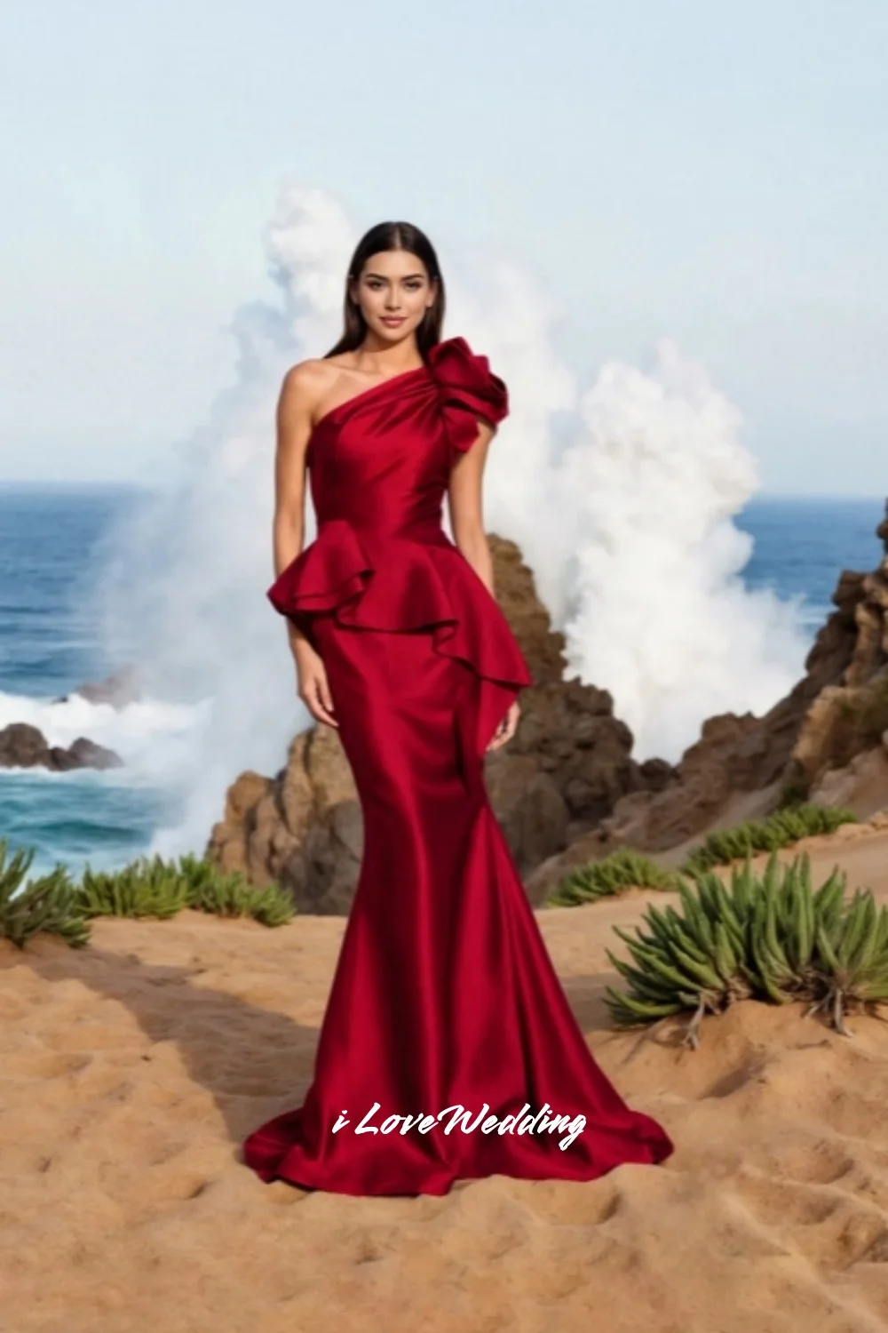 Rote One-Shoulder-Abendkleider 2025, Satin, ärmellos, Blumenrüschen, plissiert, Meerjungfrau, Sweep-Zug, Hochzeitskleid, individuell gestaltet