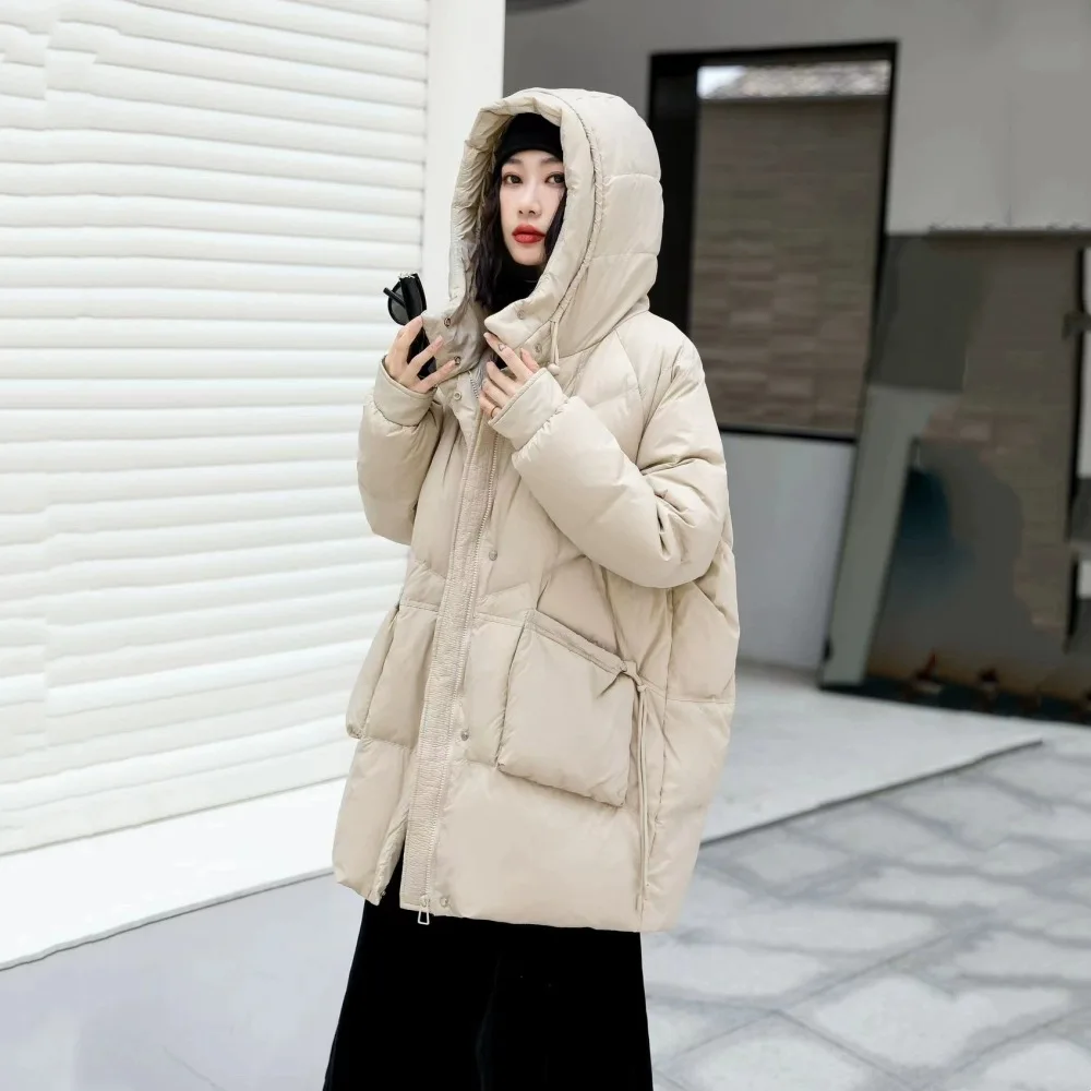 Hooded Puffer Jacket for Women, Thick Warm Overcoat, White Duck Down, Loose, Large Size, Long, Winter, New, 2024