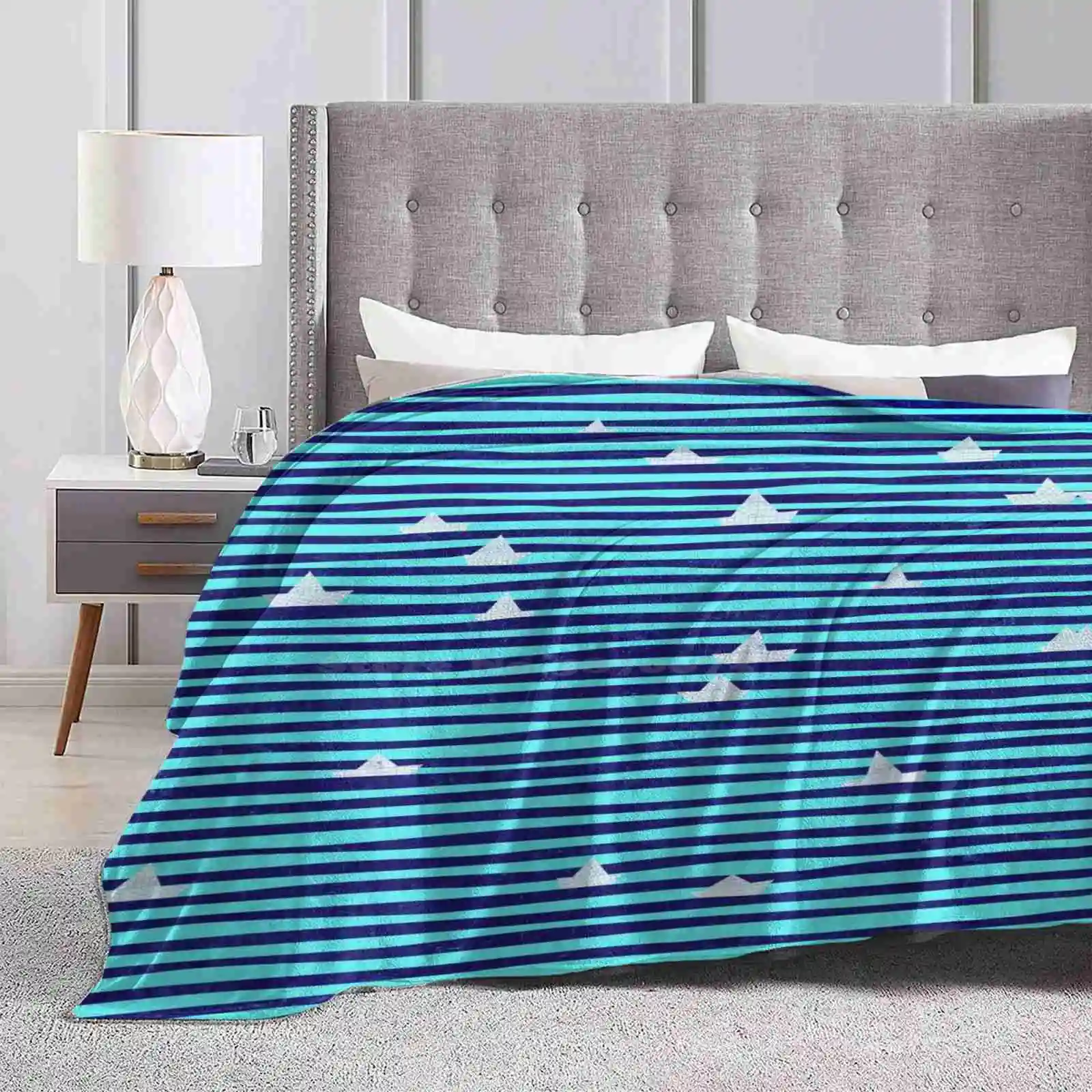 Origami Boat On The Sea Hot Sale Printing High Qiality Warm Flannel Blanket Sea Water Ocean Boat Origami Paper Turquoise Stripe