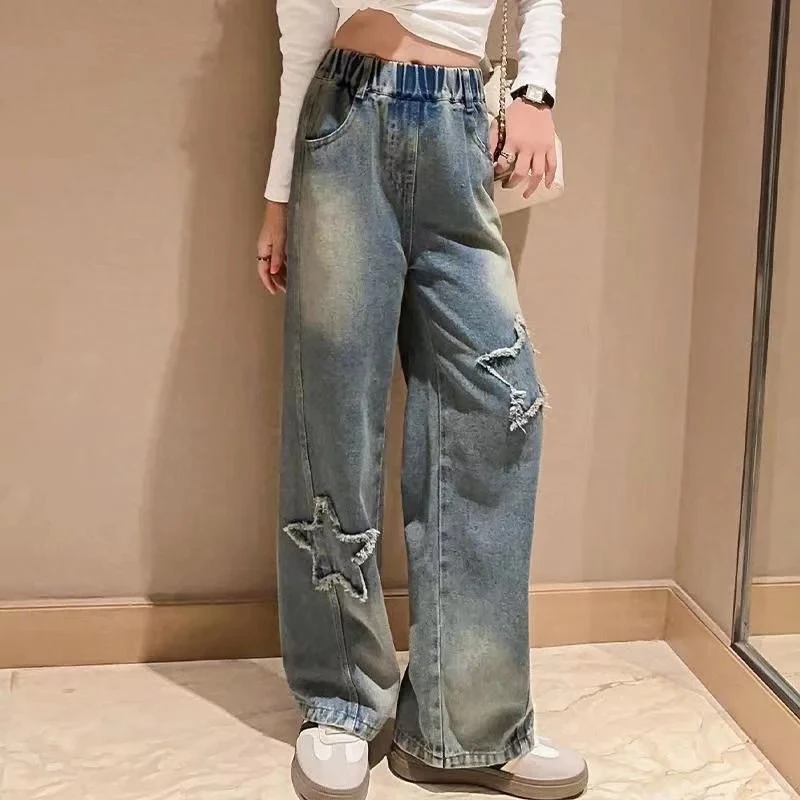 

Girls Spring and Autumn New Style Fashionable and Western-style Straight Leg Wide Leg Pants Childrens Versatile Pants Trend 8T