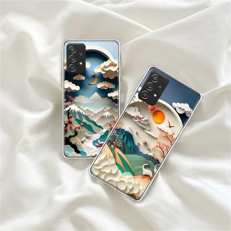 Paper Cuttings Mountains and Rivers Phone Case For Galaxy S23 S20 FE S21 Plus Samsung S24 S22 Ultra TPU Pattern S10 S10E S9 S8 C