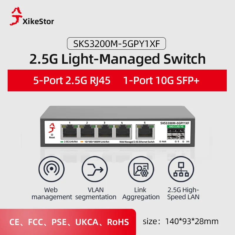 

XikeStor 5-Port 2.5G Managed , 10G SFP+, LACP/VLAN/QoS/STP/IGMP, Metal, 2.5Gb Ethernet Splitter, Desktop/Wall-Mount, Homel