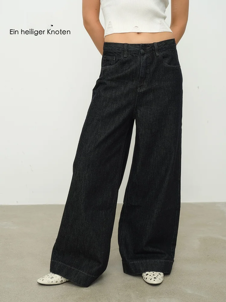 

Оригинальные джинсы EhK из денима с широкими штанинами, хлопковые, в стиле ретро, свободные, стройнящие, повседневные, с высокой талией, длинные брюки черного цвета для женщин