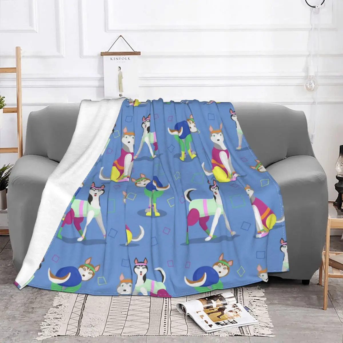 Blue Pattern With Husky Dogs Blanket Coral Fleece Plush Summer Cute Dog Ultra-Soft Throw Blanket for Bed Office Plush Thin Quilt