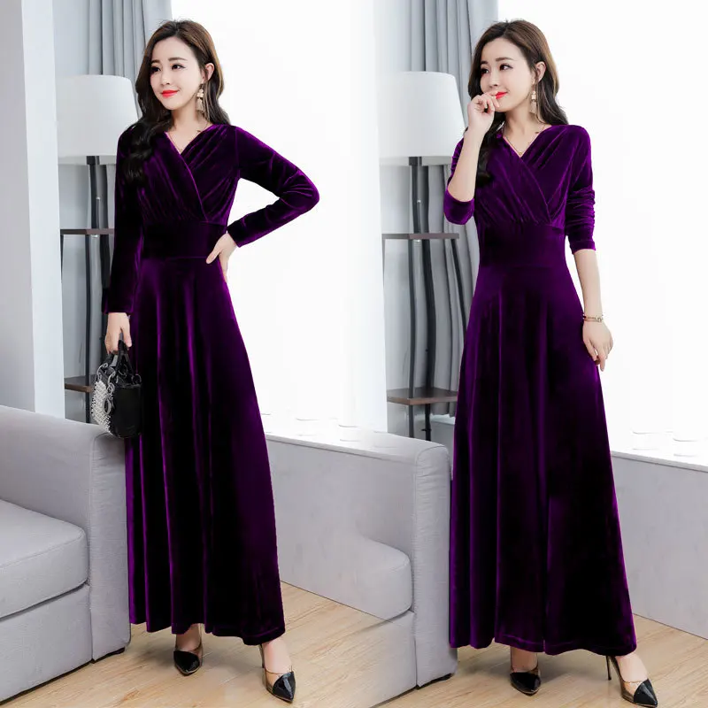 Autumn Winter Gold Velvet Long Dress Women Elegant Warp V-Neck Evening Dress Slim Waist Long Sleeve Ball Gown Dress Plus Size