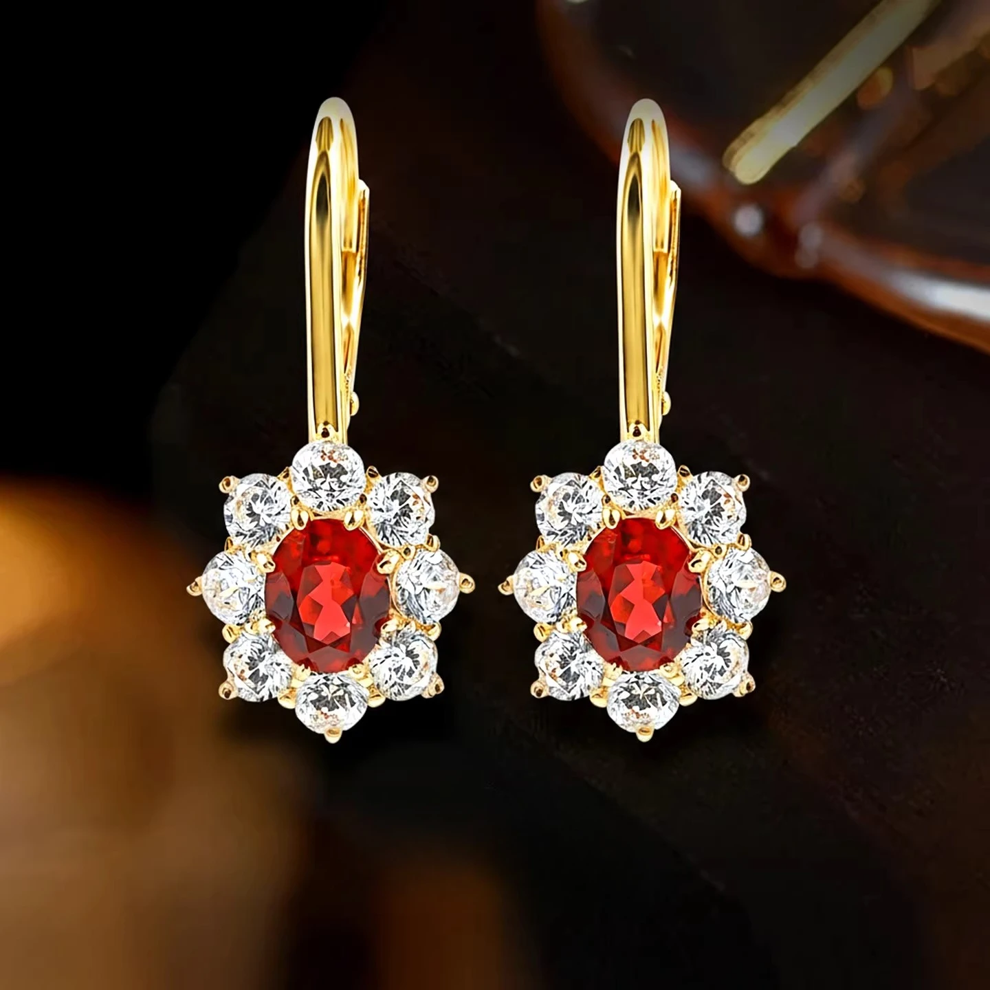 

925 Silver Ear Nail Red Zircon Light Luxury Plated Gold Ear Buckle Surrounding Jewelry Gift