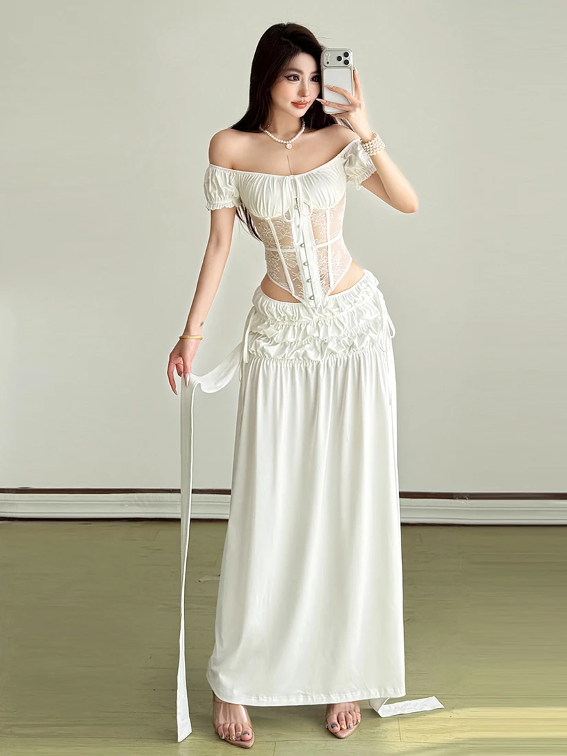 

Sisjuly Pure Desire White Rose Lace See-through Short Sleeve T-shirt Pleated Bubble Sleeve Long Dress Set Women Spring Casual...