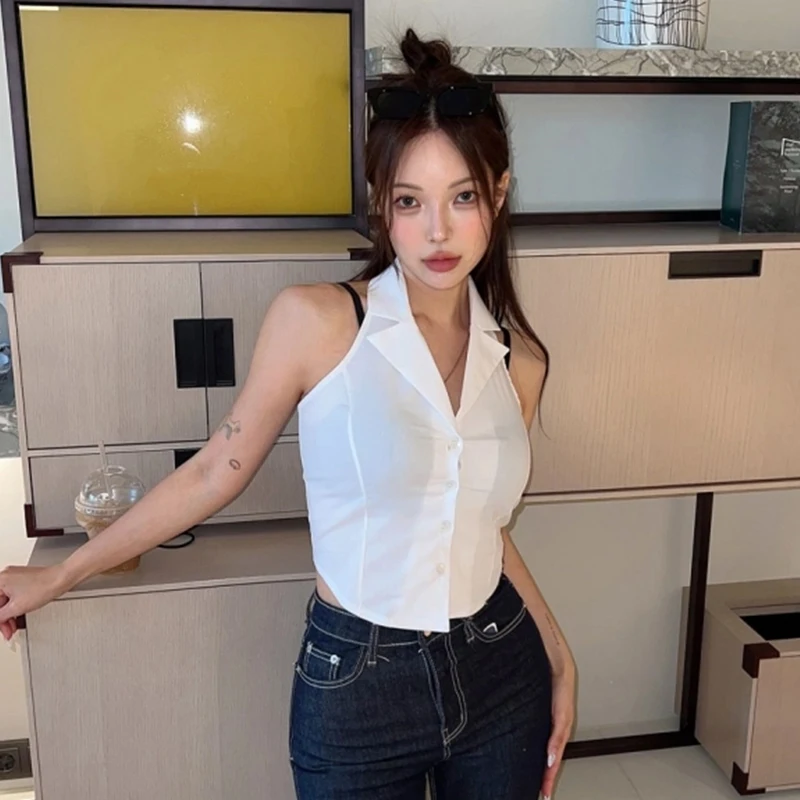 Sexy Tight Backless Sleeveless Shirt Women Crop Top Summer Korean Fashion Ladies Solid Color White Work Club Party Shirt