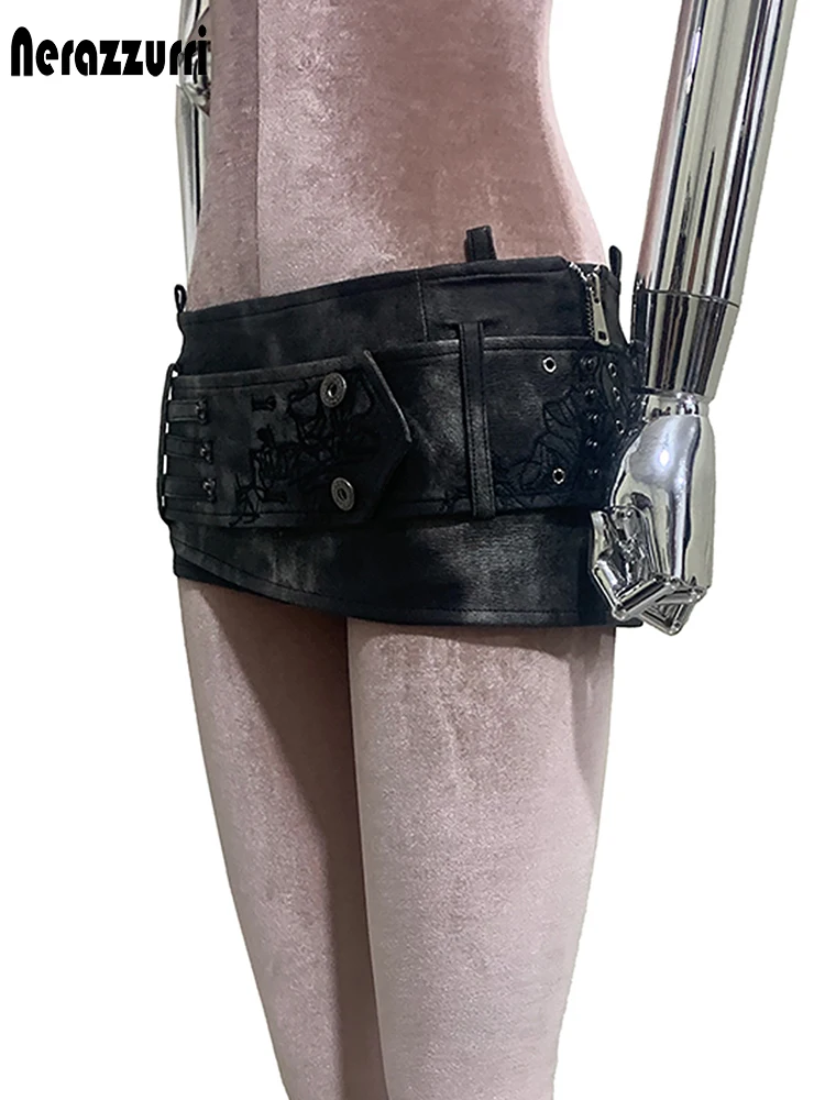 Nerazzurri Summer Autumn Distressed Faux Leather Mini Skirt Women Embroidered Belt Rivet Steampunk Gyaru Alt Clothing Streetwear