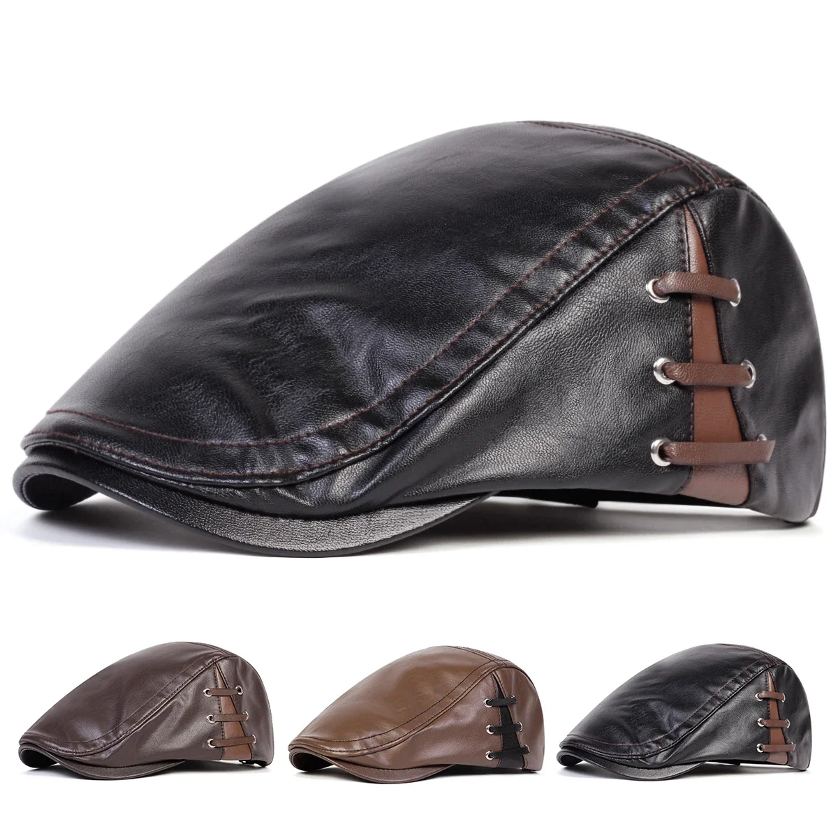 Herren Retro PU-Leder Einfarbige Newsboy Caps Britische Malerhüte Frühling Herbst Seitlich Verstellbare Flache Mütze Hip Hop Baskenmützen