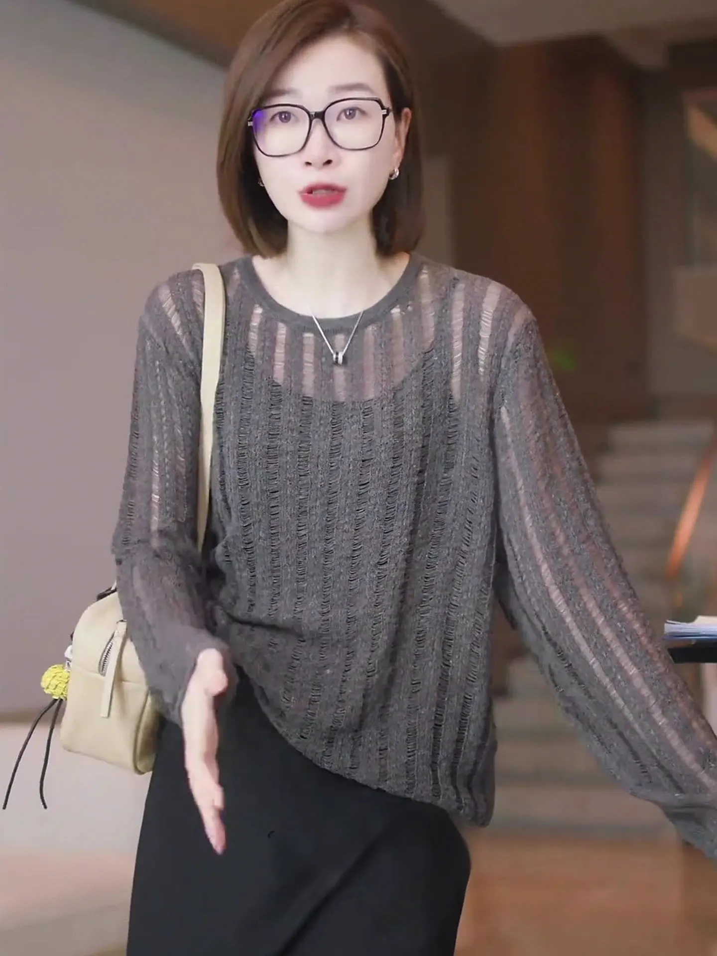 

Ele Korean Sle Long Sve round Ne Knitted Top Breathable Skin-friendly Summer Faion Casual Wear for Women
