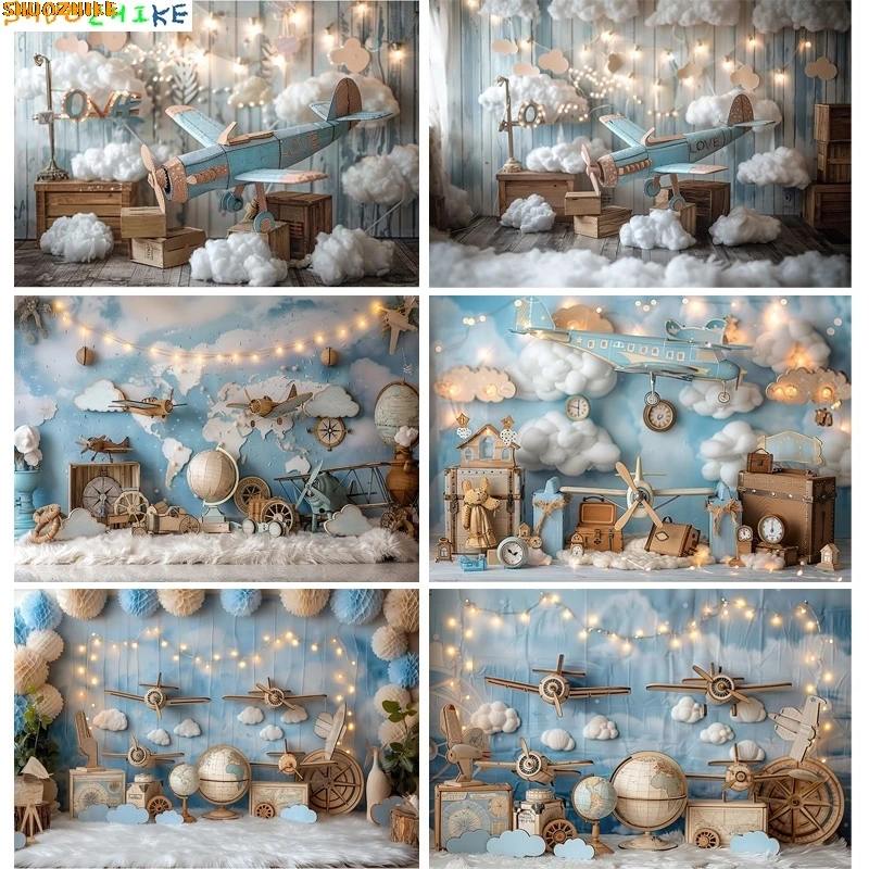 

Model Airplane Nautical Retro Globe Blue Marine Photography Backdrops Props Baby Newborn Birthday Party Photo Background HD-01