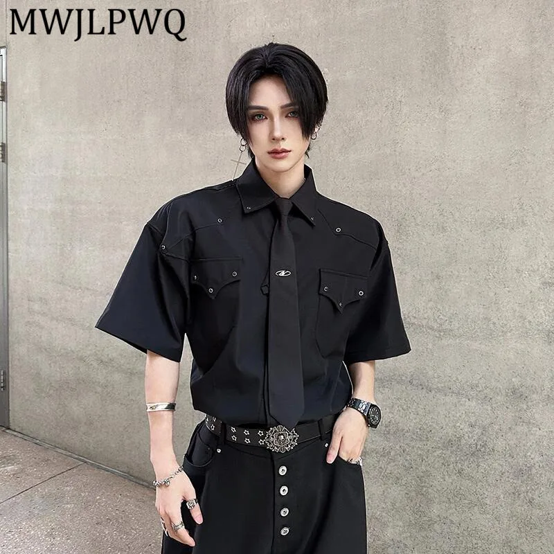 

MWJLPWQ Trendy Men's Short-Sleeve Shirt Spliced Lapel Structrue 2026 Summer New Fashion Loose Versatile Black Design Tops 15939
