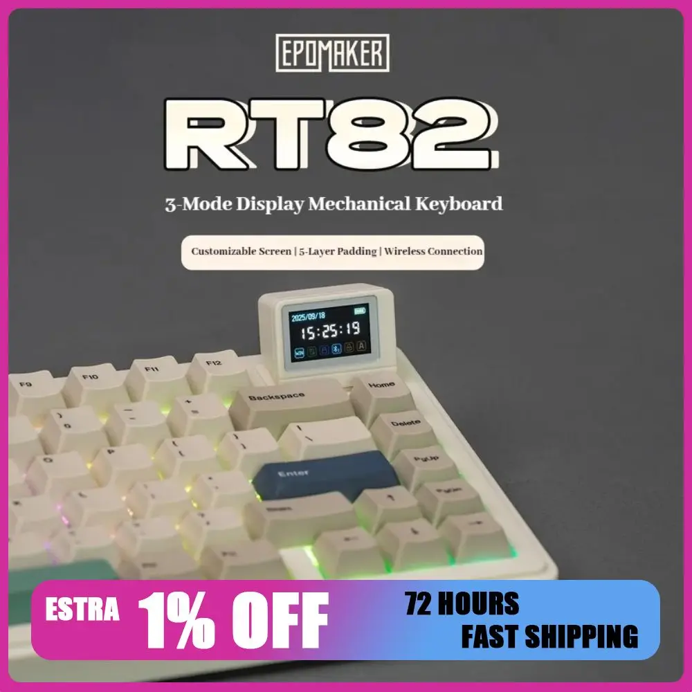 

Epomaker Rt82 Thri-Mode Display Screen Mechanical Keyboard Rgb Gateway Structure Custom Animation Hot Plug Customized Keyboard