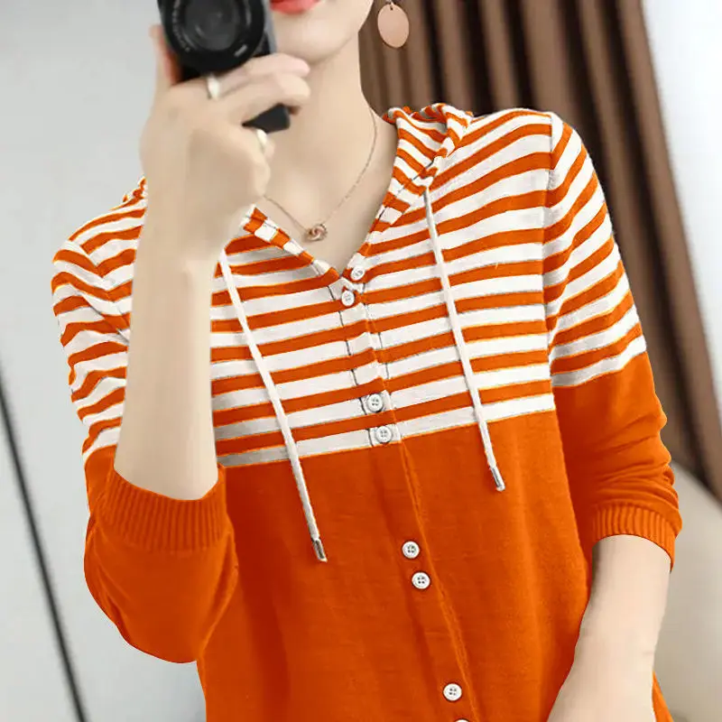 Fashion Hooded Button Spliced Striped Cardigan Sweater Women\'s Clothing 2022 Autumn New Oversized Casual Tops Loose Korean Coat