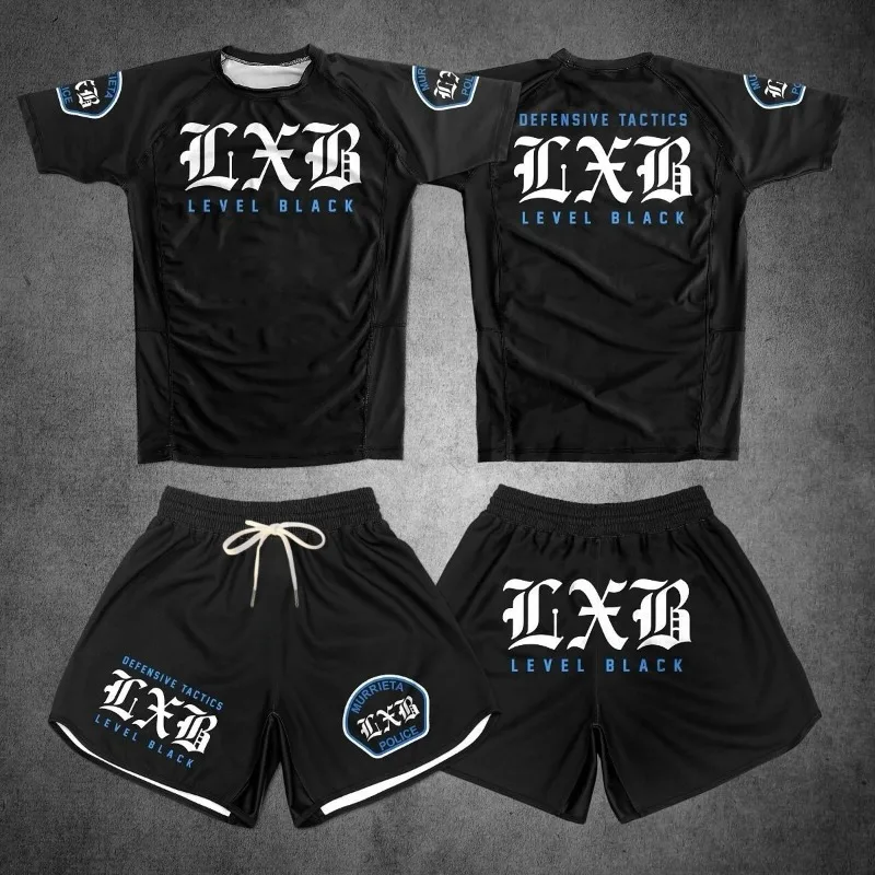 Conjunto de gimnasio Quick Drying Black V1 LXB AJJ Rash Guard Levelxblack RANKED V2 NIVEL NEGRO: Camiseta y pantalones cortos para fitness