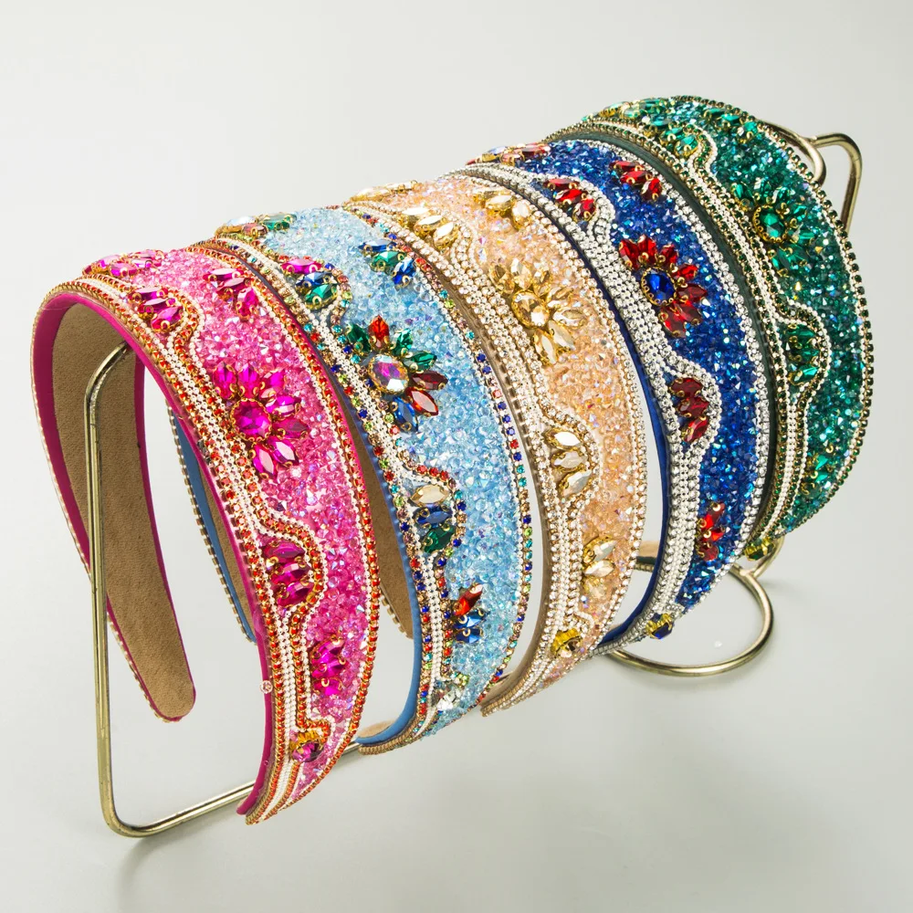 

New retro court style full diamond headband fashionable wide edge shiny colored diamond hair jewelry wholesale supply