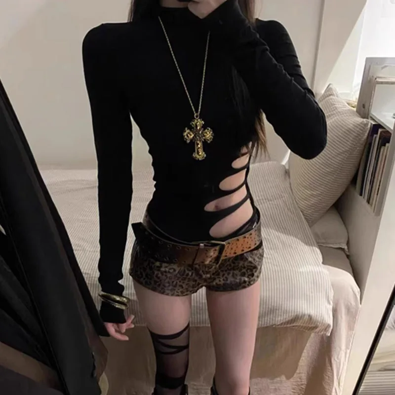 

Spring and Summer New American Style Slim Fit High Street Sexy Hollow Out Long Sleeve Women's Base Shirt Waist-Cinching Tight To