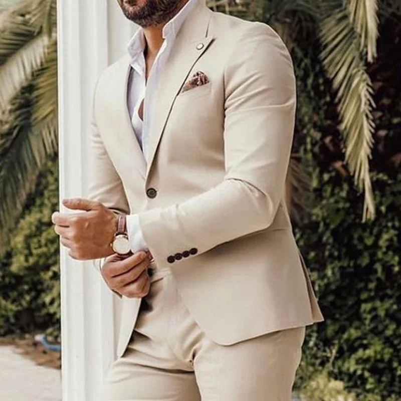 Beige Wedding Tuxedos for Groom Wear Slim Fit Business Men Suits Latest Design 2 Pieces Blazer with Pants Male Fashion