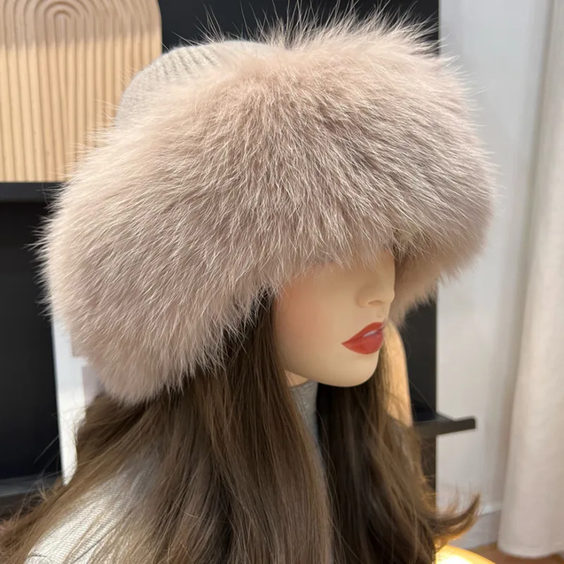 Fox Fur Hat For Women Winter Warm Thickened Ear Protection Hat Fashion Outdoor Warm Knitted Fur Hat Real Fox Fur Bomber Hats
