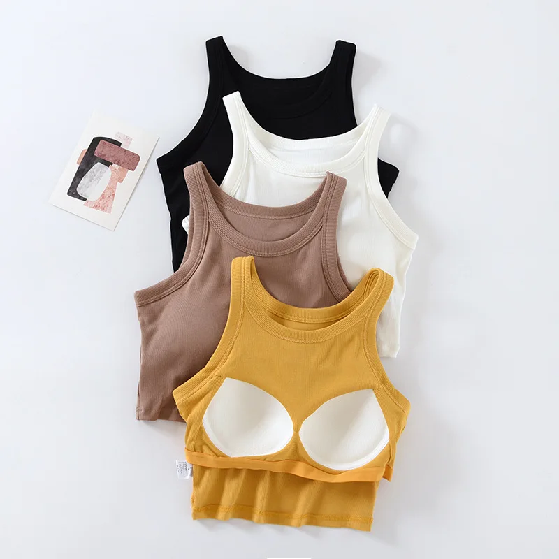 

Ribbed Women's Camisole with Padded Bust Solid Color Crop Top Undershirts Base Layer Tops Tank Solid Color Female Camis C5536