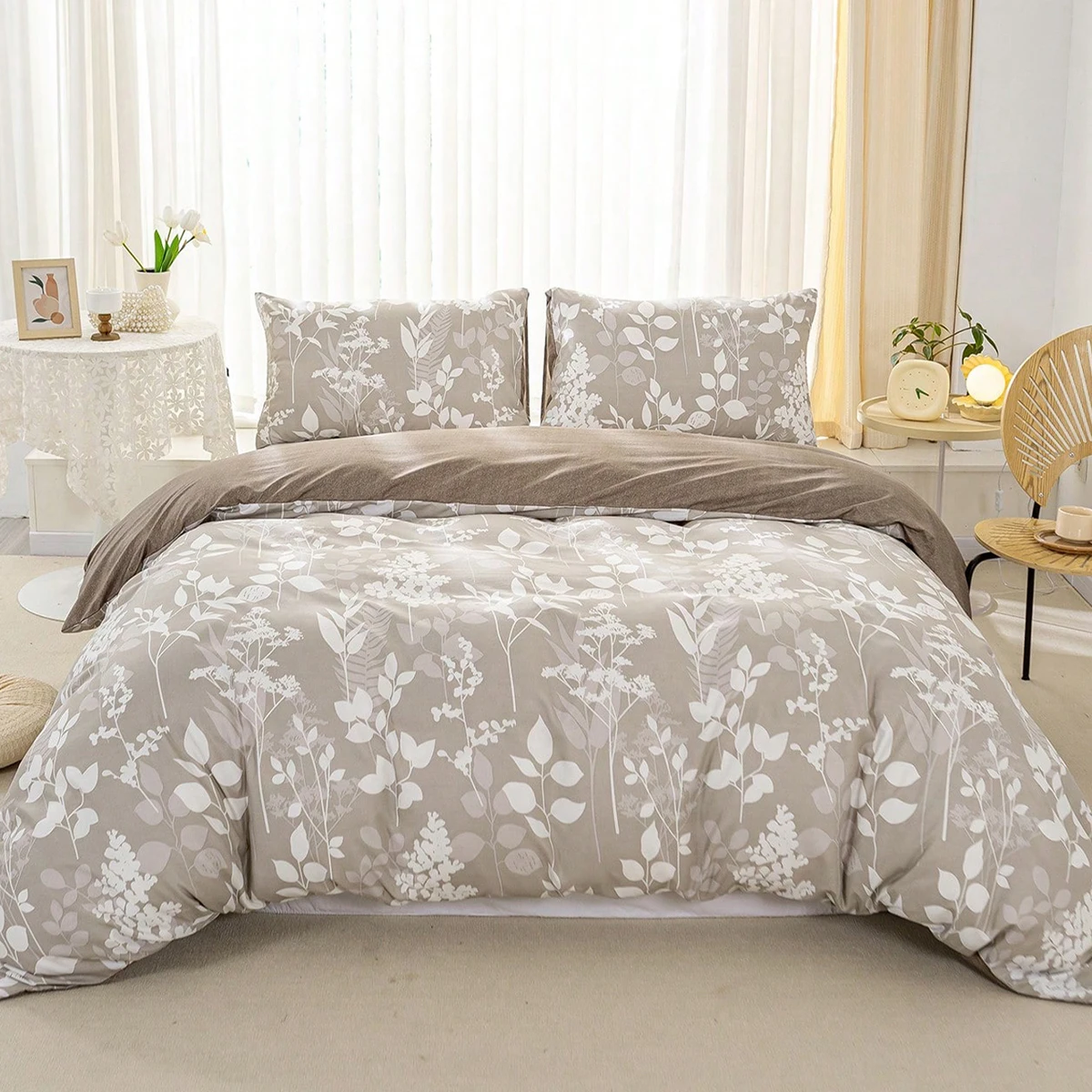 Nihe Sunlight Plant Print Three-Piece Set, Breathable and Soft, Suitable for All Seasons, 1 Duvet Cover + 2 Pillowcases