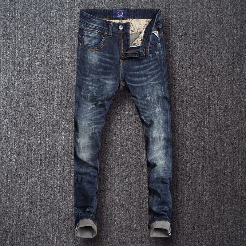 

Fashion Designer Men Jeans Retro Washed Blue Stretch Slim Fit Ripped Jeans Men High Quality Vintage Casual Denim Pants Hombre