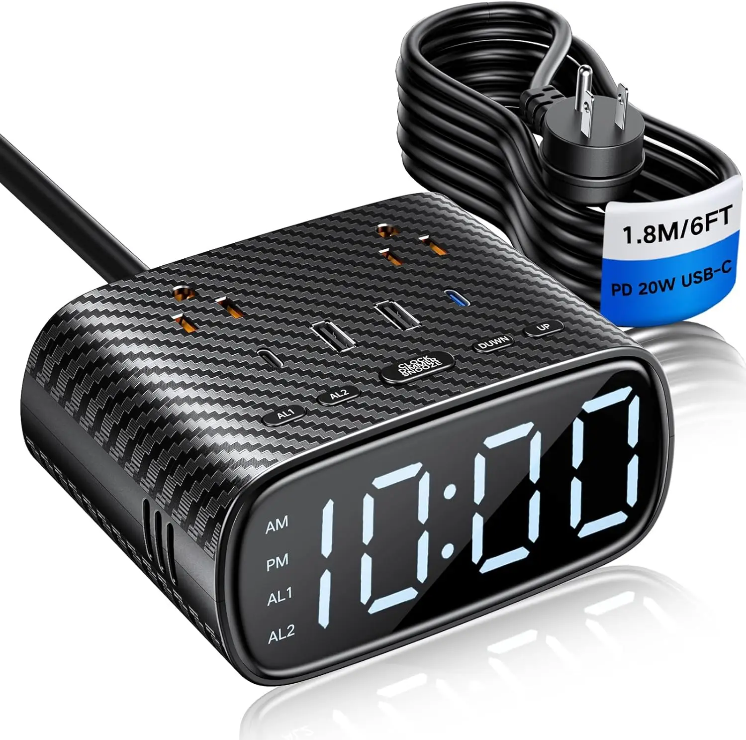 

Цифровой будильник с портами USB-C 20 Вт, двойной розеткой-удлинителем, 4 портами USB для зарядки, настольные часы с регулируемой подсветкой для спальни и путешествий
