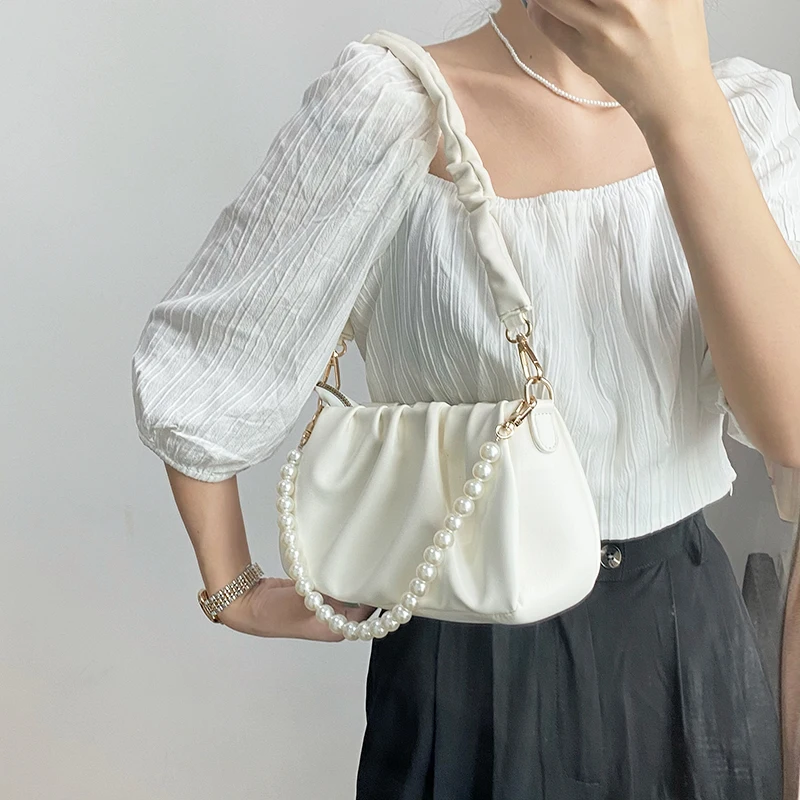 Light Yellow Single Shoulder Underarm Bag White Handbag for Women 2024 New Versatile Niche Design Beading Pleated Cloud Bags