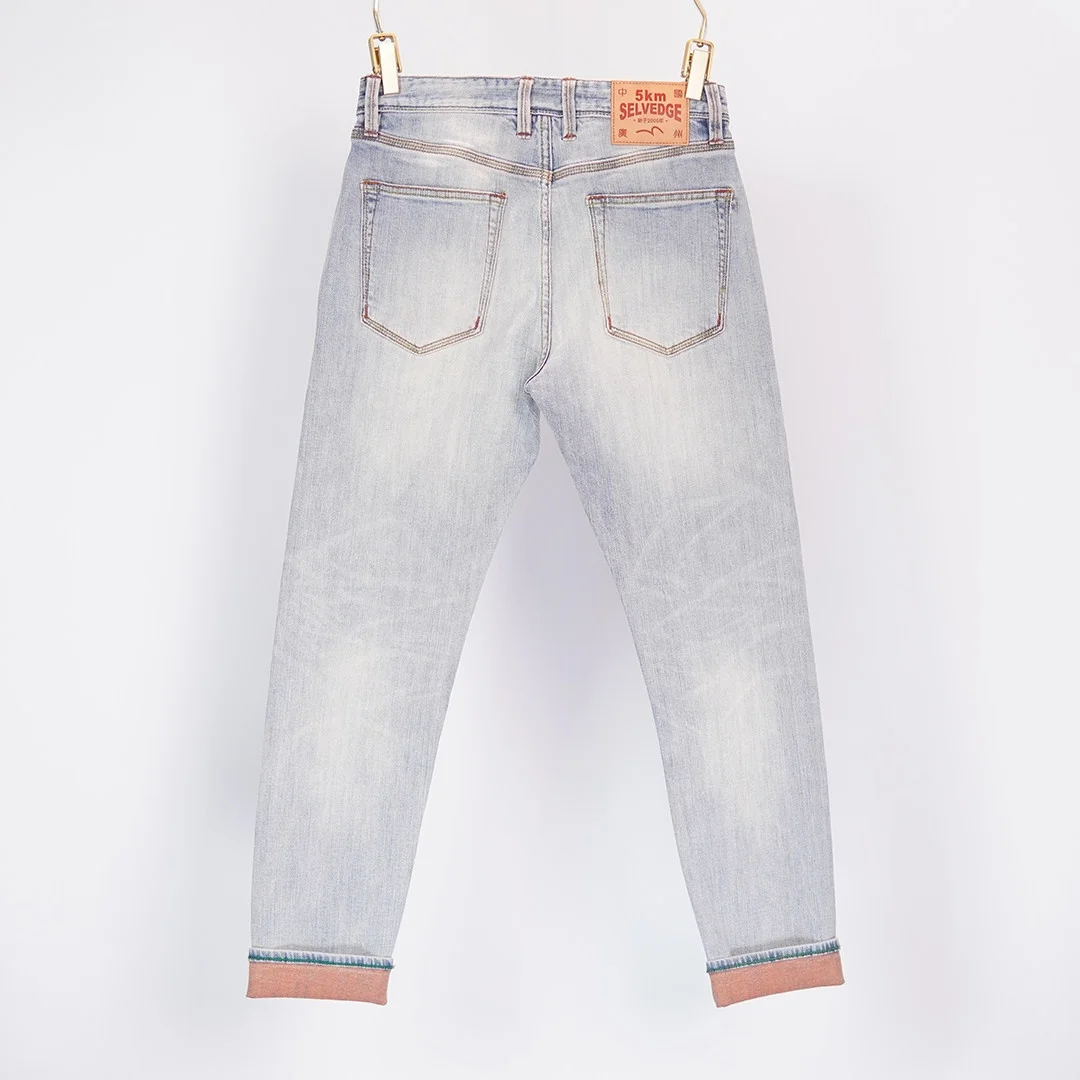 99% Cotton 13oz Selvedge Denim Jeans for Men Fashionable Versatile Light Blue Wash Stretch Slim Straight Spring/Summer Pants 5KM
